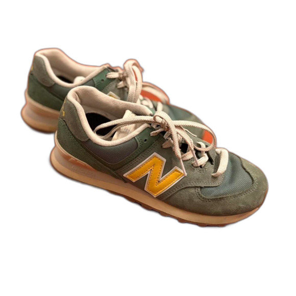 New Balance 574 Women's Mallard Green Yellow White Trainers Size 6.5 - Picture 2 of 8
